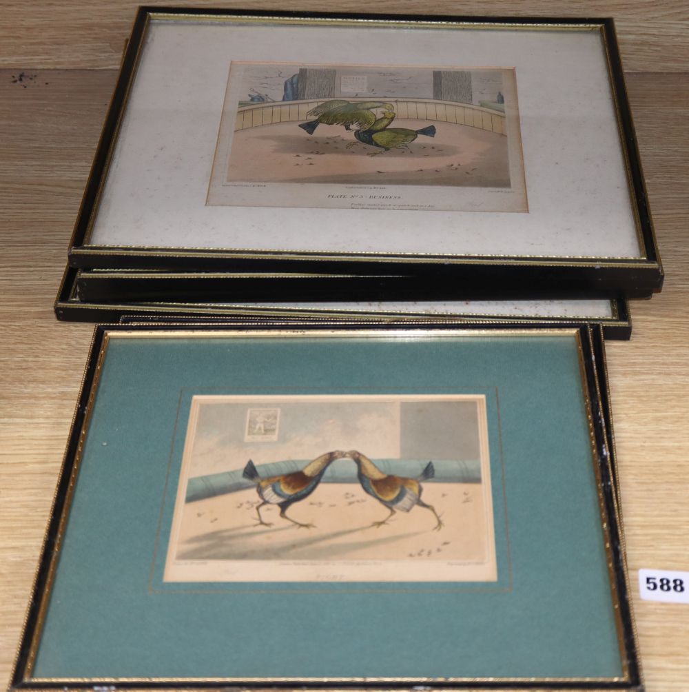 C R Stock (19th century), set of four coloured engravings, Cockfighting scenes, 18 x 22cm and a similar pair of prints